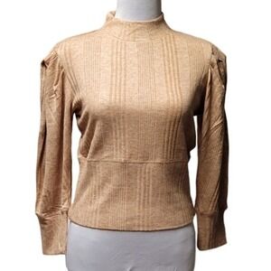 Ribbed Mock Neck Top Womens Puff Shoulder Camel Tan Fall Layering New Size M